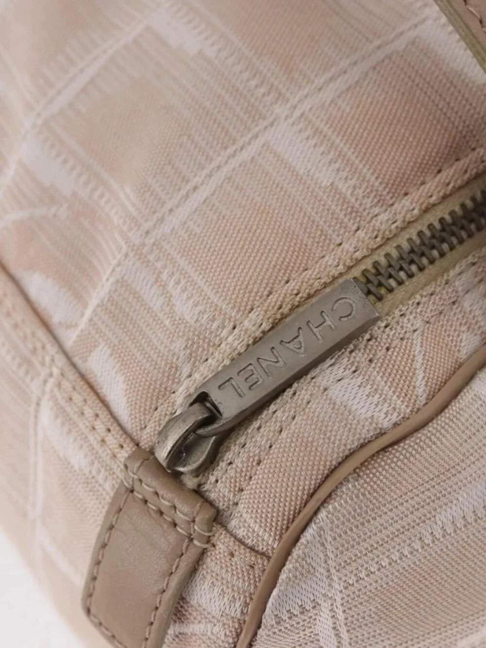 CHANEL New Travel Line Hand Bag Canvas Beige Silver CC Auth 183877